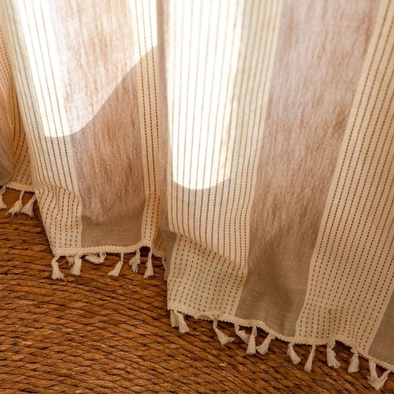 Modern Striped French Style Semi-Sheer Curtain Living Room Balcony Cotton Drapery With Rod Pocket Tassel Trim