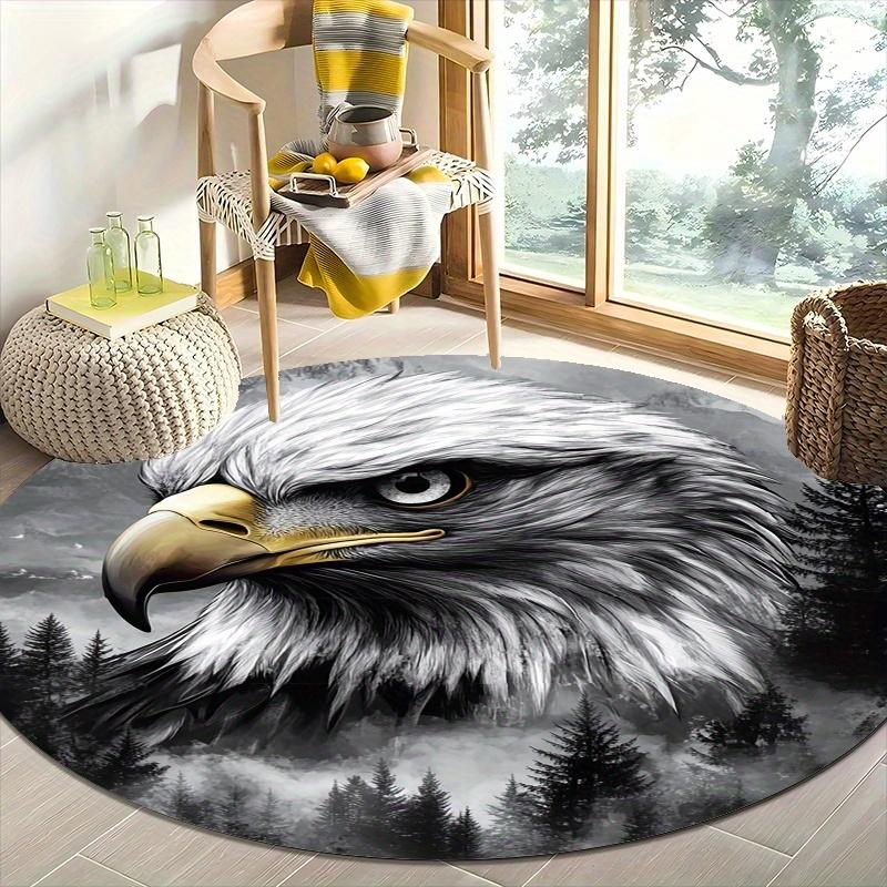1pc Majestic Eagle Head Floor Mat - Non-Slip Machine Washable Round Mat with Black  White Eagle Design, Grey/Black Forest Backg