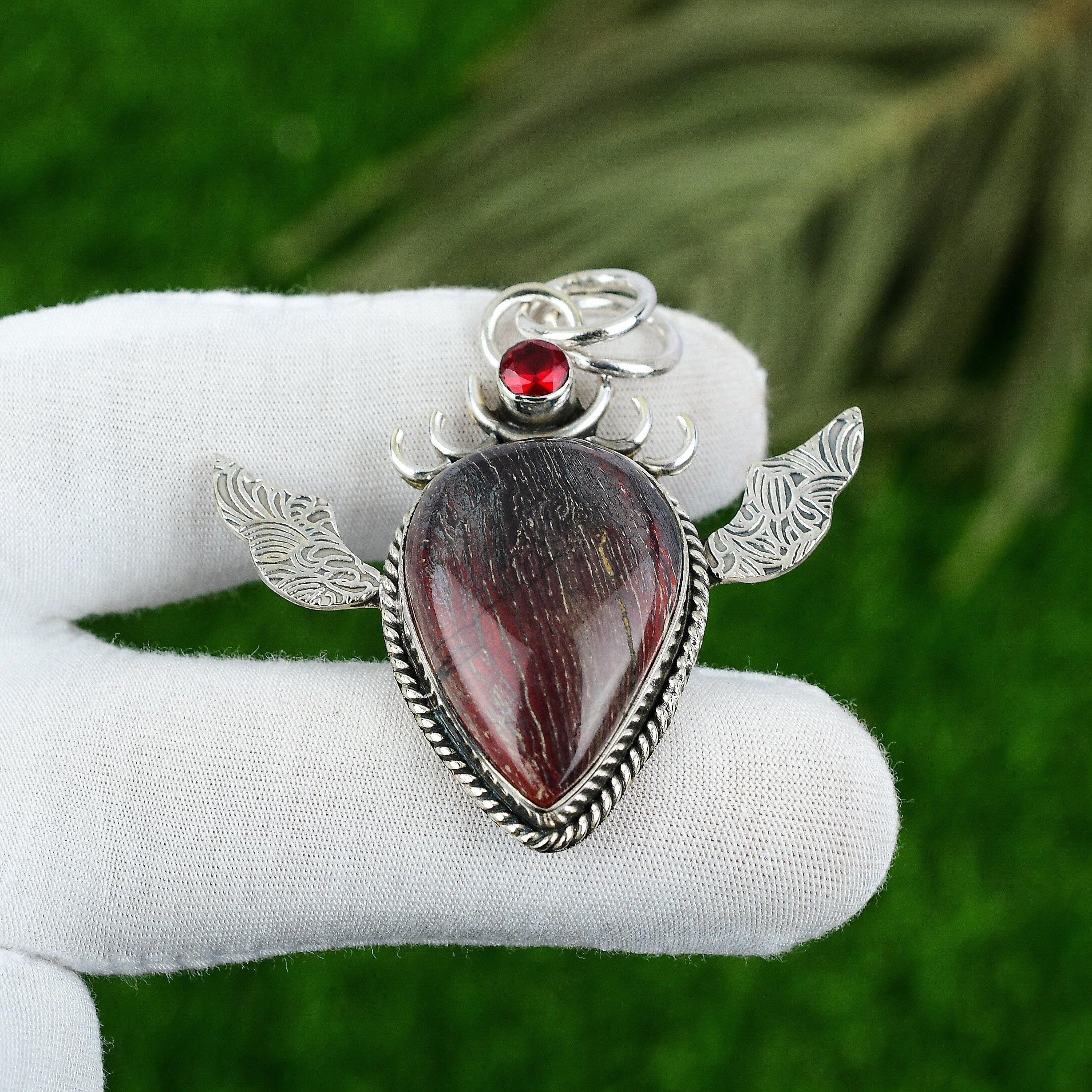 Natural Red Snakeskin Jasper Mozambique Garnet Sterling Silver Pendant Jewelry