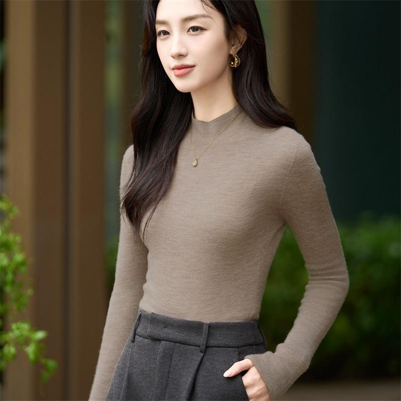 Autumn Women's Half High Neck Knitted Wool Sweater - Slim Fit, Long Sleeve, Plus Size, Elegant Top