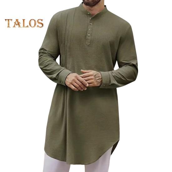 Men's Cotton Linen Kaftan Long Sleeve O-Neck Robe Solid Color Button-up Collar Thobe Breathable Arabic Clothing for Prayers Casual Wear