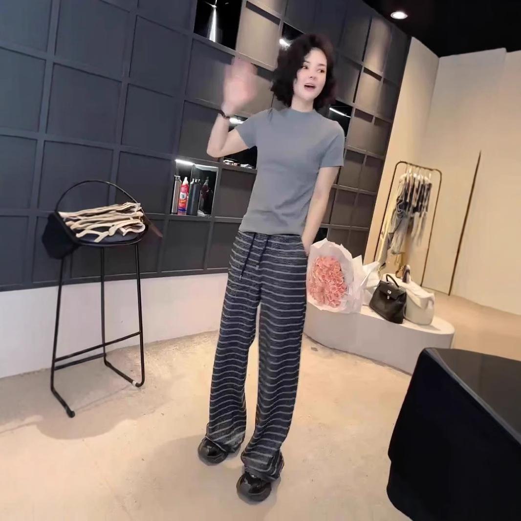 

Women s Spring 2025 Slimming Striped Wide-Leg Pants with Elastic Waist and Drawstring XL сірий колір