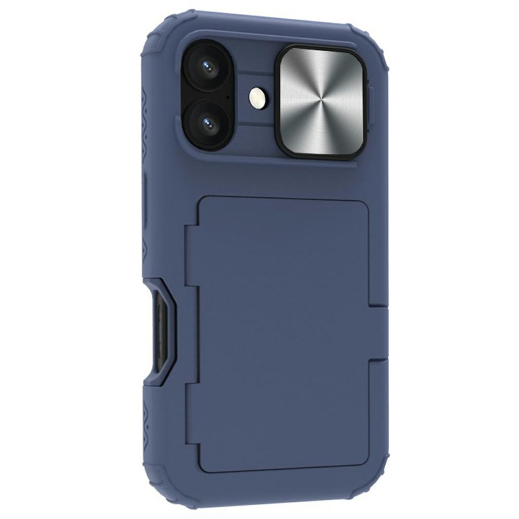 For iPhone 16 Case Card Holder Mirror PC+TPU Phone Shell with Lens Cover