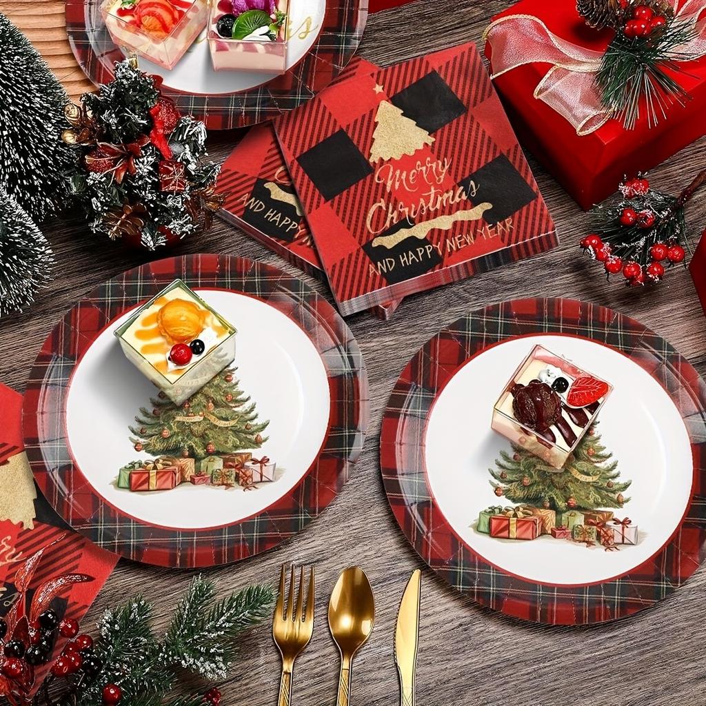 50pcs of Christmas-themed tableware, disposable paper plates, cups and napkins, hand-painted Christmas tree pattern tableware