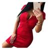 Sexy Women Short Sleeve V Neck Chest Buttons Ribbed Bodycon Knitted Mini Dress