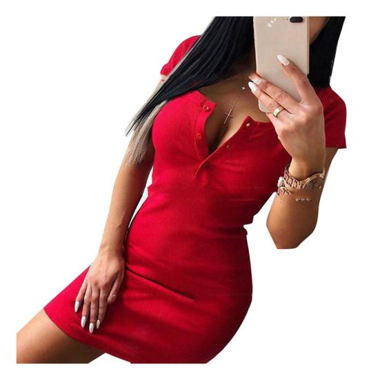Sexy Women Short Sleeve V Neck Chest Buttons Ribbed Bodycon Knitted Mini Dress