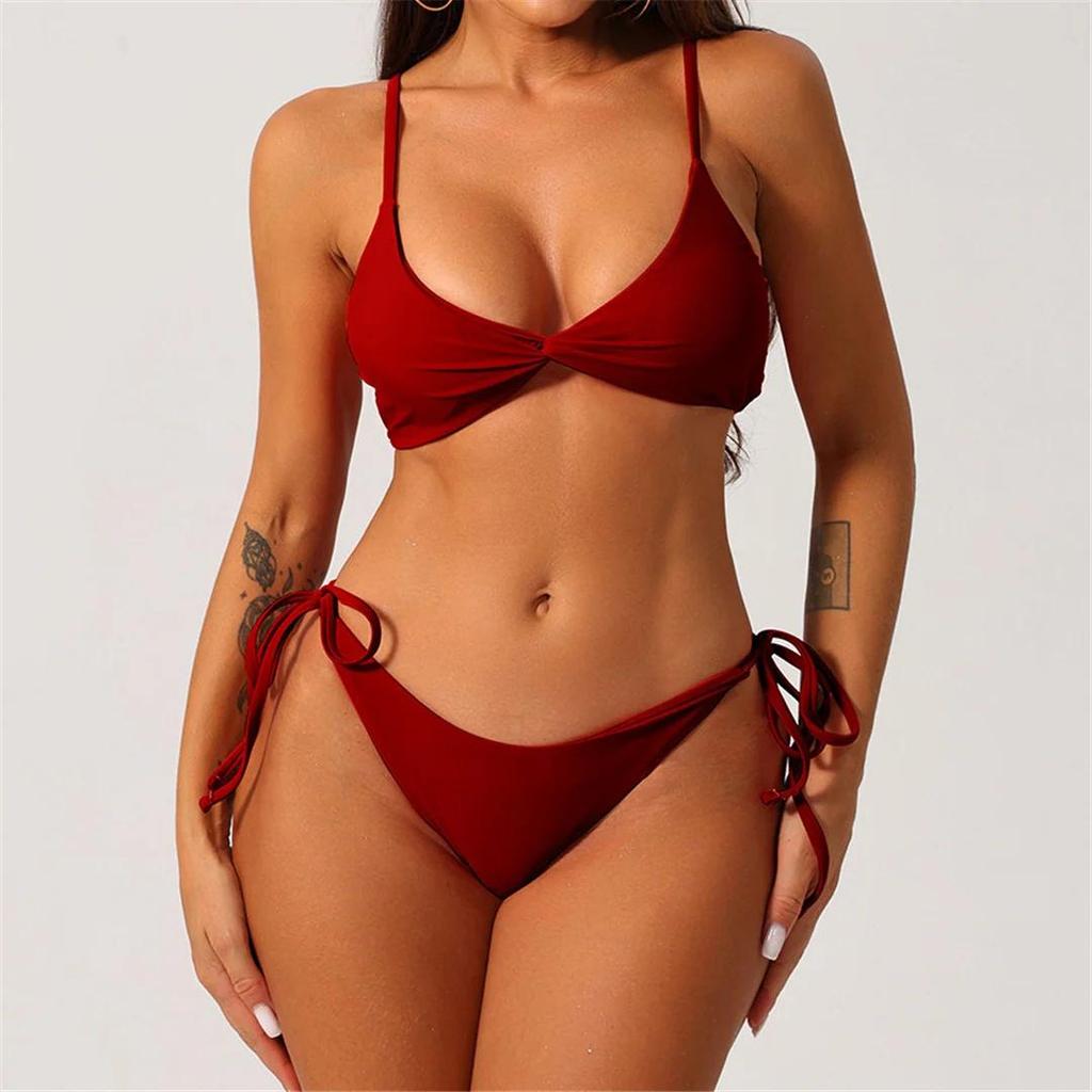 S - XL 19 Colors Pleated High Leg Cut Bikini Female Swimsuit Women Swimwear Two-Pieces Bikini Set Bather Bathing Suit Swim