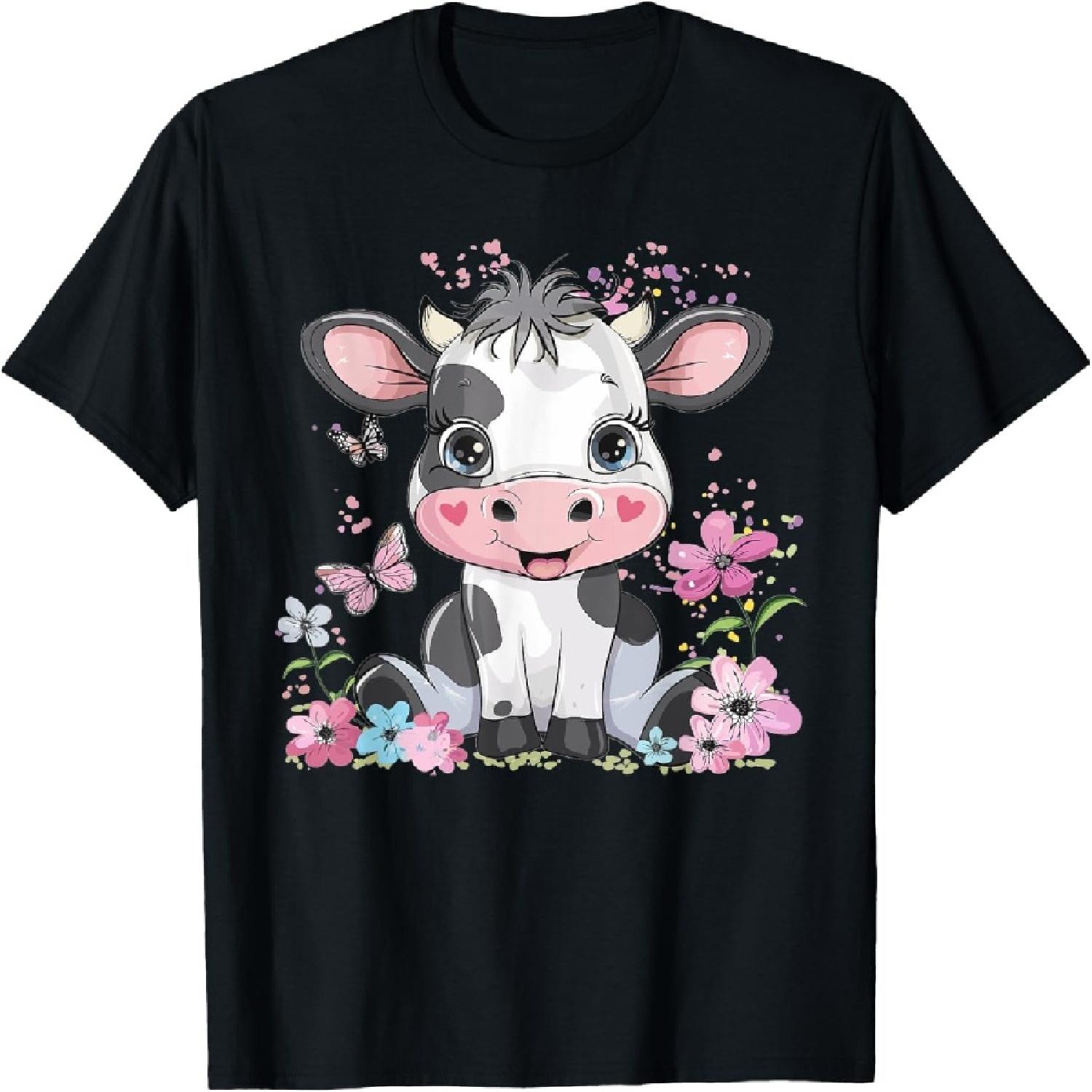 Cute Cow With Flowers I Kids Cow T-Shirt S