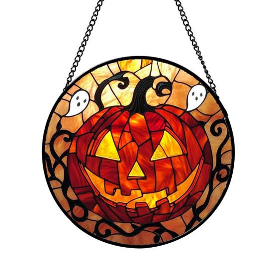 Halloween Suncatcher Decoration Spider Pumpkin Bat Witch Broom Ghost Stained Glass 2D Flat Acrylic Wall Window Hanging Sign Ornament