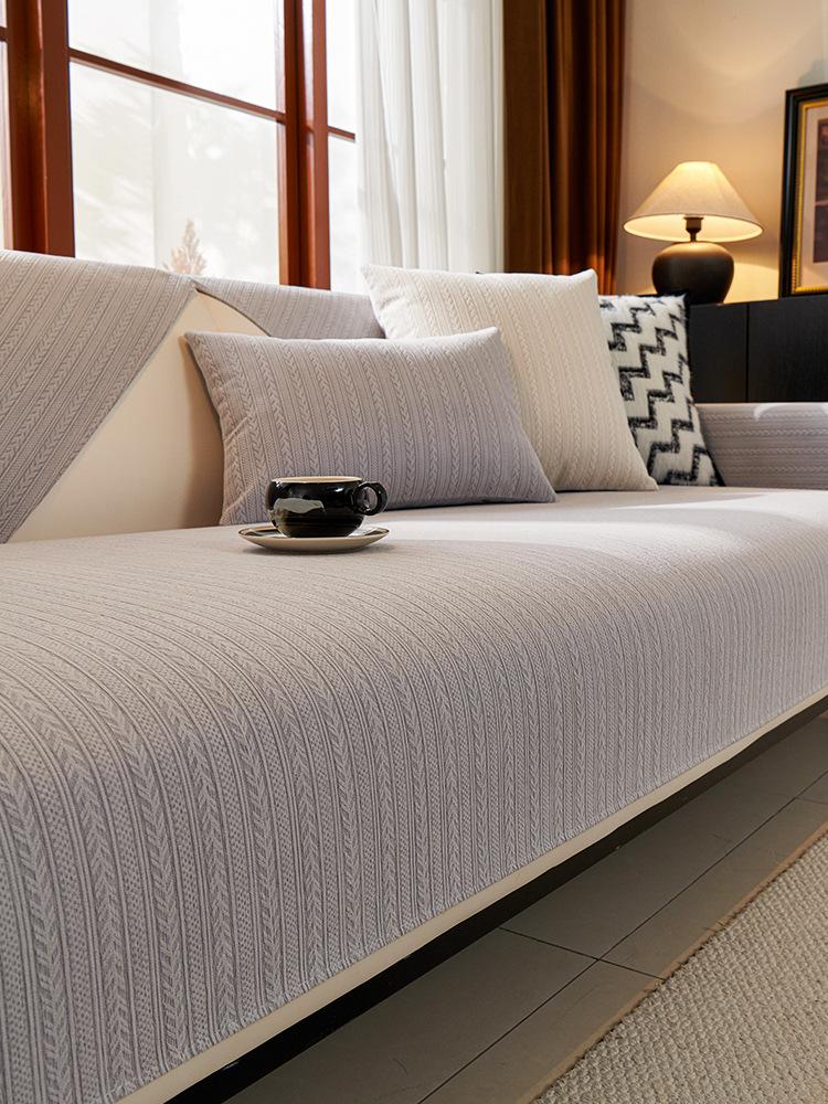 Four Seasons Universal Chenille Sofa Cover Sofa Pad Solid Color Striped Sofa Mat for Living Room Non-Slip L Shaped Couch Cushion