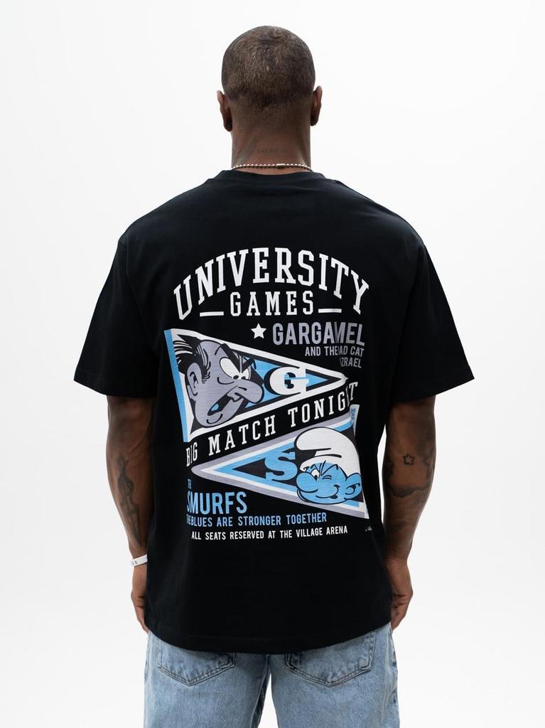 Smurfs University Games Men's Black Oversized Short Sleeve T-Shirt L