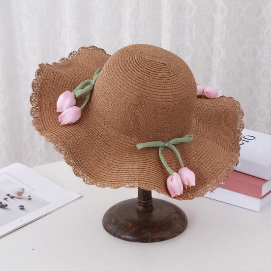 Beach Hat Wave Lace Trim Design Tulip Bow Decor Full Face Sun Protection Large Brim UV Blocking Summer Straw Hat