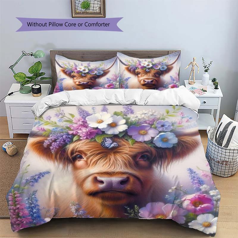Highland Cow Colorful Wildflower Garland Butterfly Print 3 Pieces Duvet Cover Set Farm Animal Bedding Bedroom Home Decor Without Pillow Core Comforter