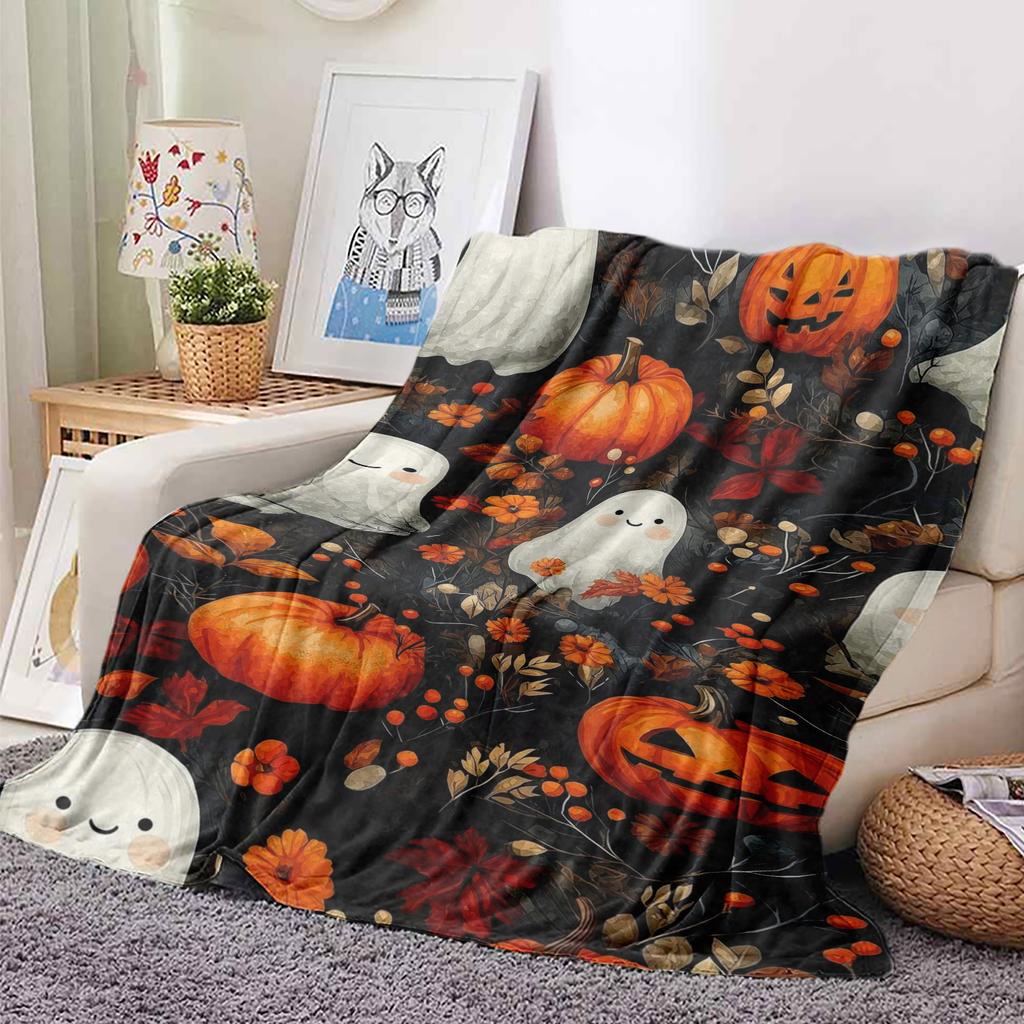 Festive Halloween Pumpkin and Ghost Print Flannel Blanket Perfect Gift for Sofa Office Bed Plane Travel Sleep Read Relax Camping