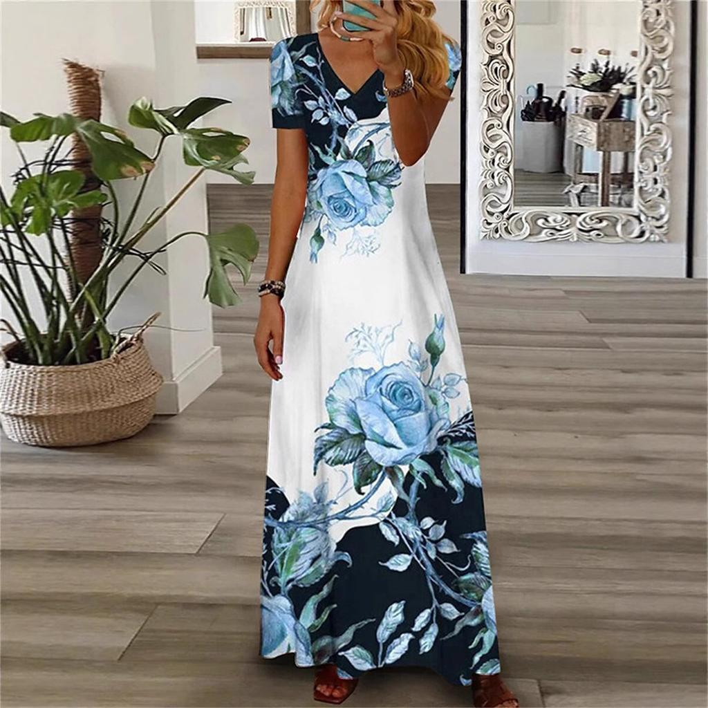 Women's Floral Print V-Neck Short Sleeve Maxi Dress Casual Summer Dress with Rose Pattern In Multi Colors