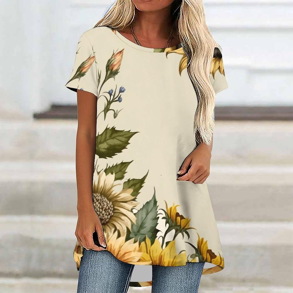 Túnicas Casuales Informales para Mujer con Estampado, Cuello Redondo, Dobladillo Irregular y Manga Corta