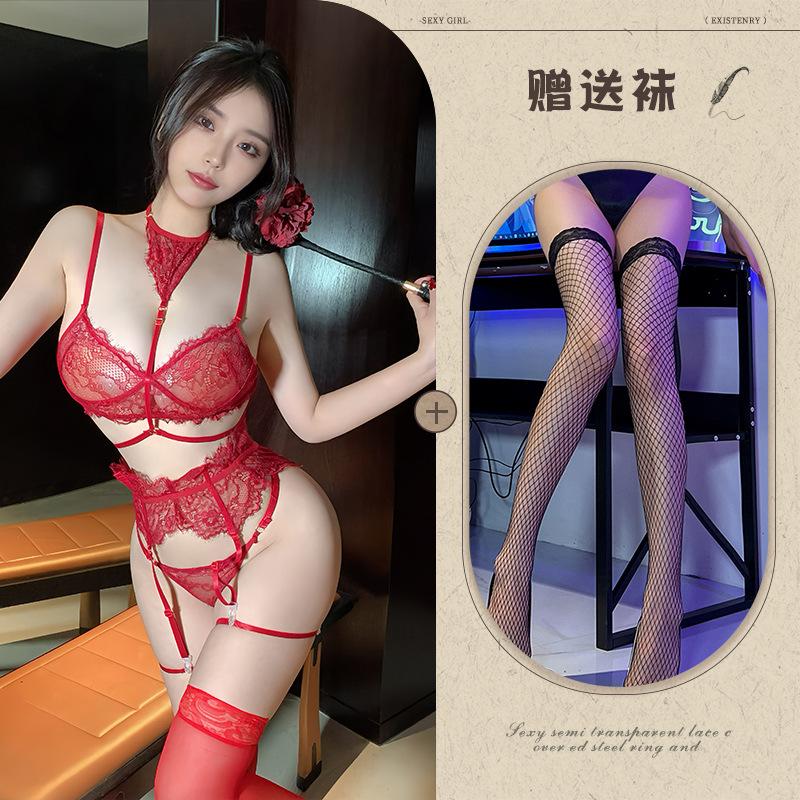 Purple sexy lingerie neck lace lace gathering bra sexy leg ring set