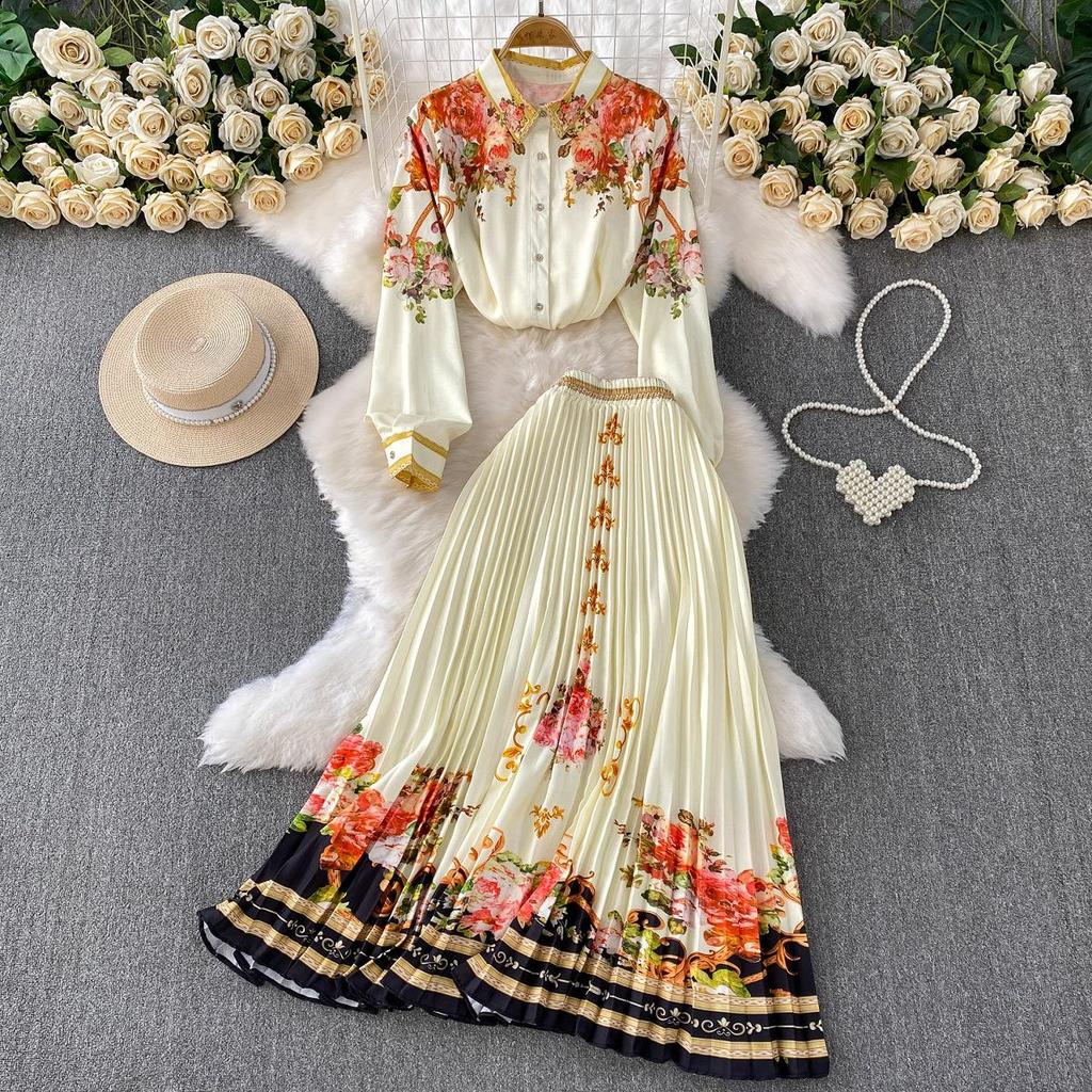 European Retro Single-Breasted Lapel Shirt & High-Waisted Pleated Skirt Set