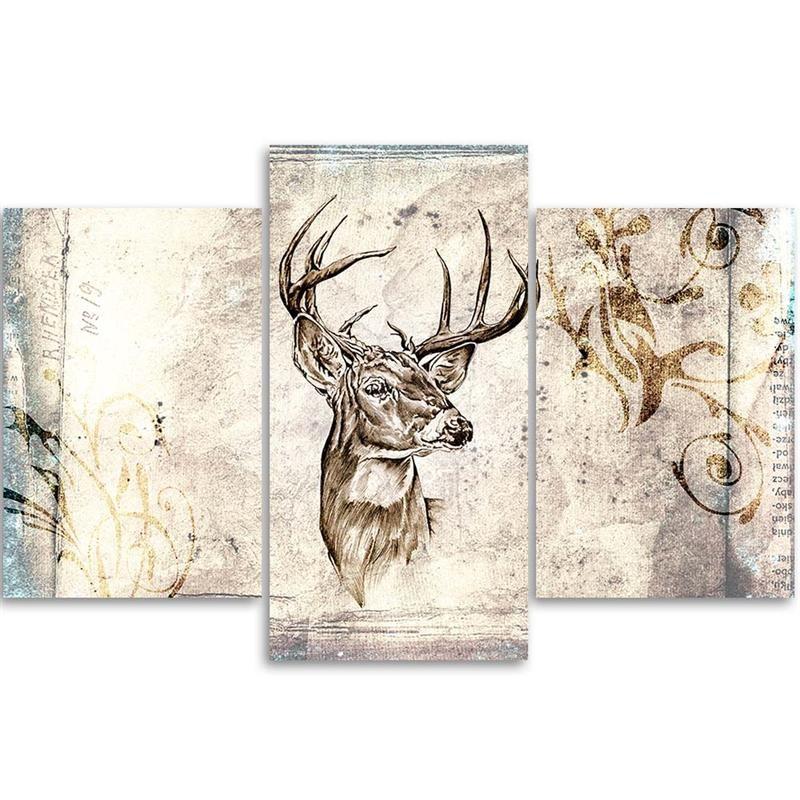 Three Piece Picture Canvas Print Deer Animals Shabby Chic