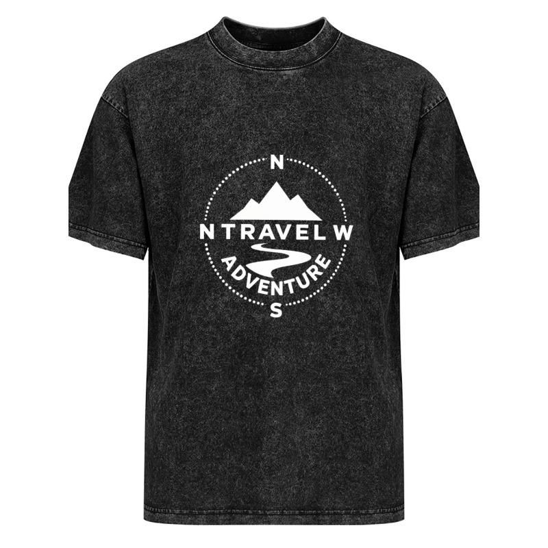 European sizes Men s Compass Pattern Summer Casual Round Neck Short T-shirt, Retro Streetwear, Washed Cotton, Round Neck Short Sleeved Shirt S чёрный