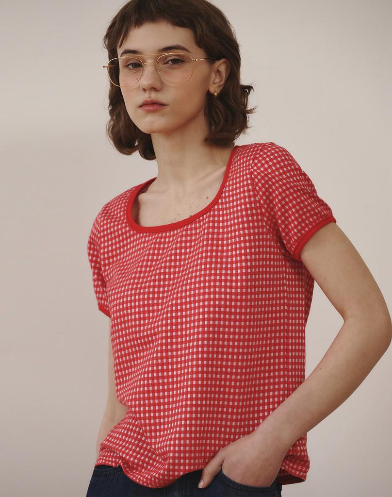 GIEMAR Square Neck Check Tee Red/Black/Blue