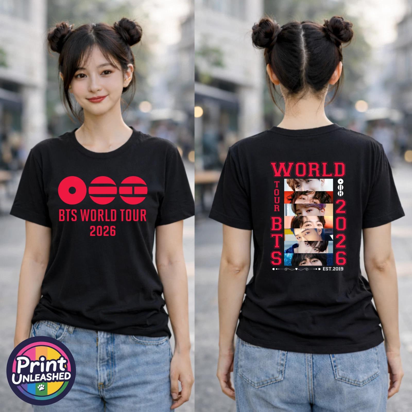 KPOP Premium Printed T-Shirt BTS Tour 2026 Front & Back Black Child Adult Teen 3XL