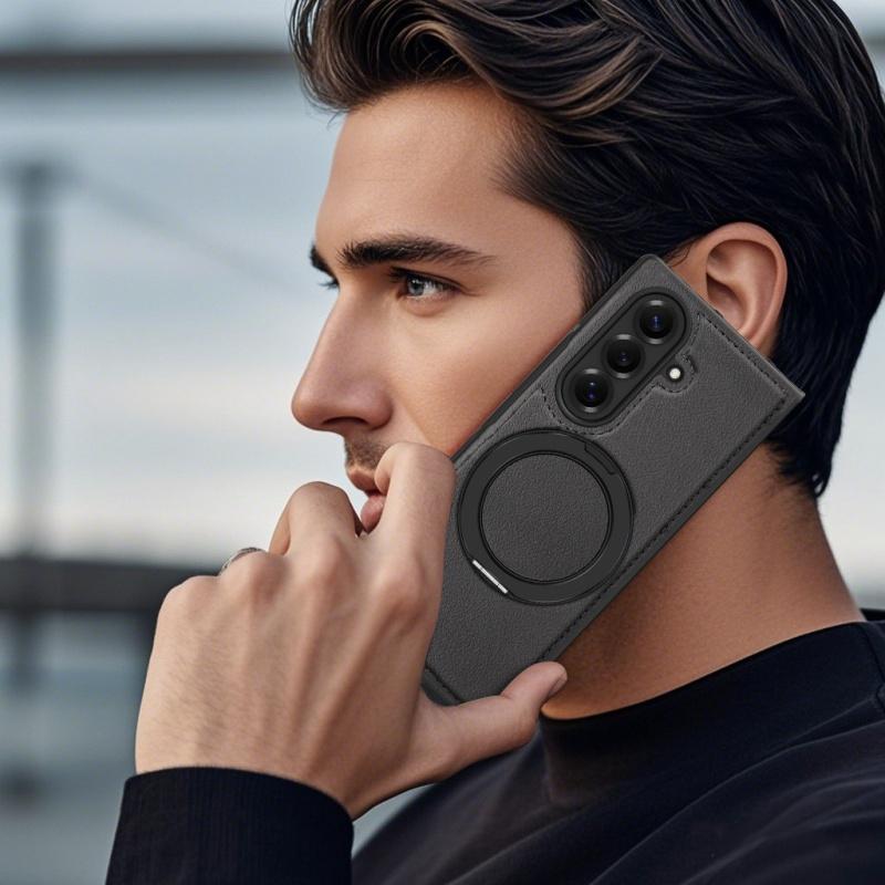 Für Samsung Galaxy Z Fold7 Fold6 Fold5 Fold4 Hülle Magsafe Magnetisch 360° Drehung Intelligenter Metallhalter Ständer Mattschwarze Lederhülle