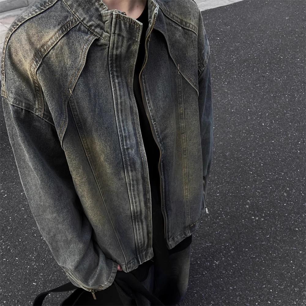 

Men s Trendy Retro Washed Denim Jacket with Yellow Mud Dye and Blue Stand Collar - Handsome Loose-Fit Zipper Outerwear 2XL