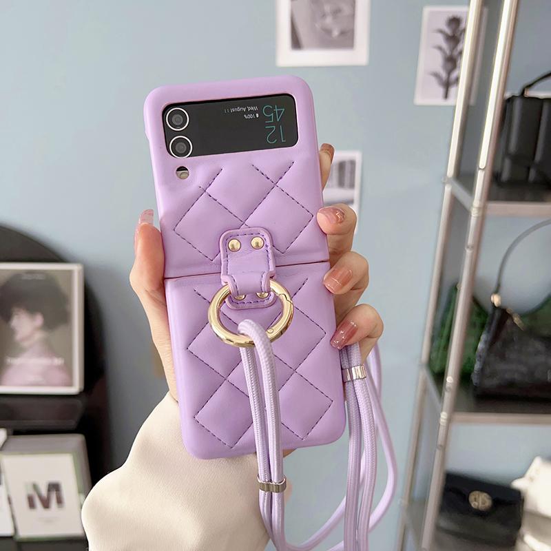 Držiak na prsteň Crossbody Remienok Puzdro pre Samsung Galaxy Z Flip 3 Flip 4 Z Flip 5 5G Obal módne mriežkovaný náhrdelník Lanyard Lano Kožená taška