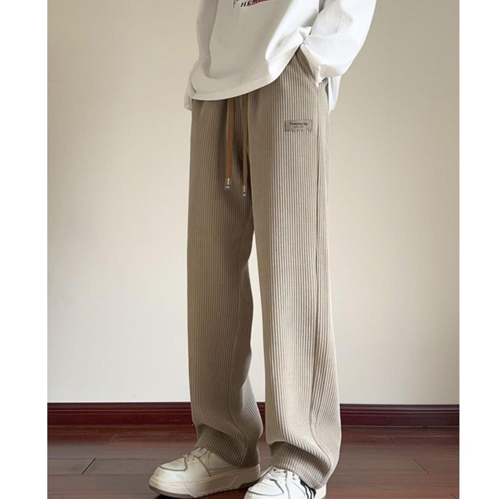 Men's Autumn Winter Fleece-Lined Corduroy Pants Oversized Sporty Bell Bottoms Thickened Straight-Leg Pants Casual Style
