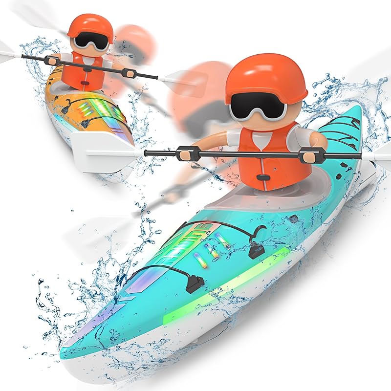 RC Kayak Boat W/Colorful LED Light for Kids, Innovative Realistic Paddling Design,2.4 Ghz Remote Control Boat Toy, Never Capsize for Lake,