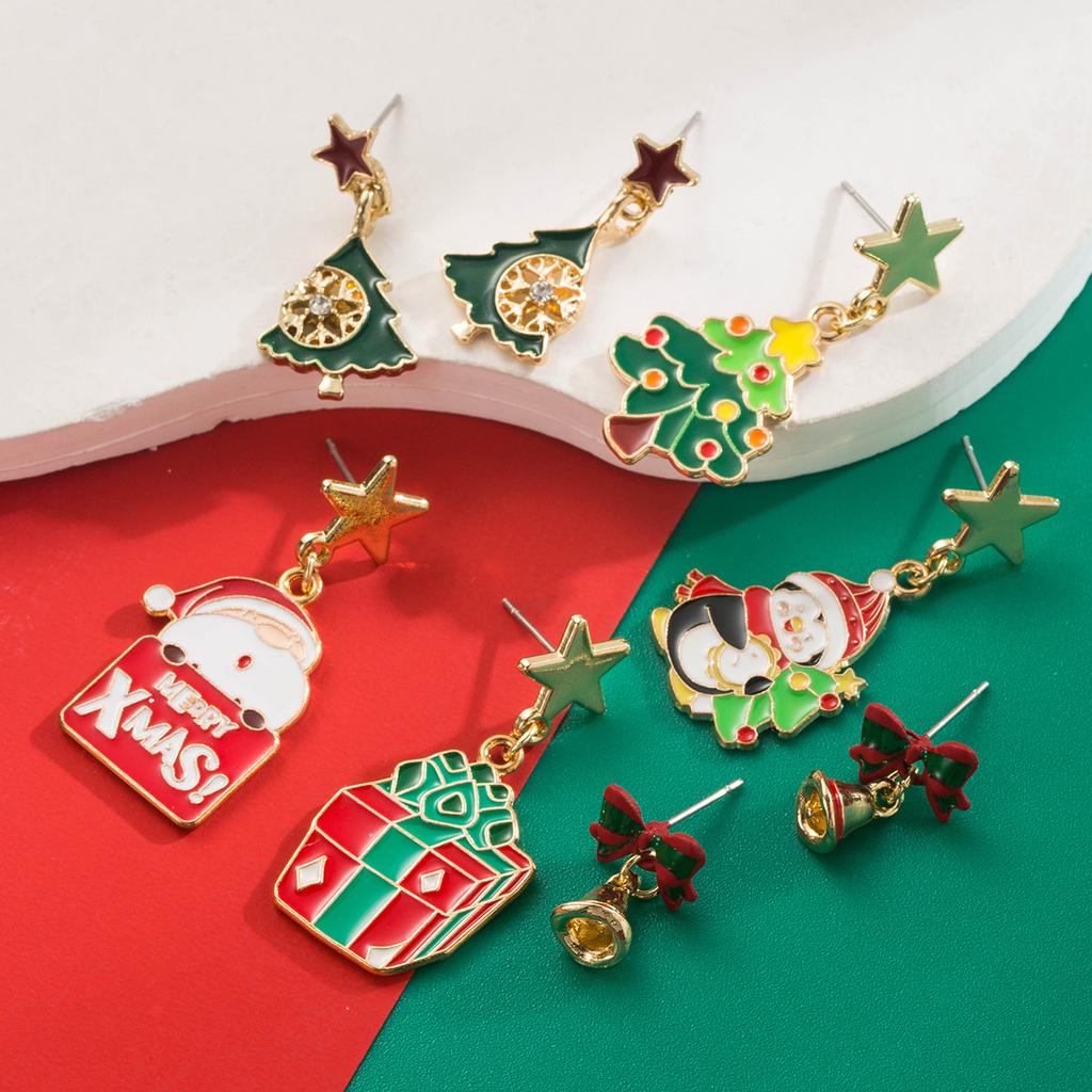 Christmas New Fashion Alloy Oil Drop Earrings Christmas Tree Snowman Gift Box Bell Ear Hooks Holiday Earrings
