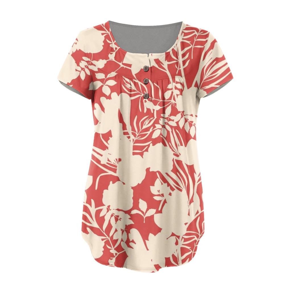 Tunica a maniche corte da donna T-shirt larghe T-shirt casual taglie forti Tunica a pieghe Bottoni T-shirt floreali estive casual per le donne