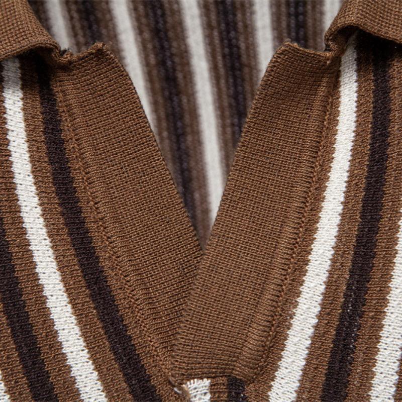 Summer Men's Striped Knit Polo Shirt Short Sleeve Casual Top