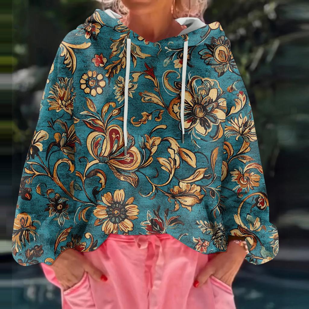 Women's Floral Print Loose Casual Long Sleeved Hooded Sweatshirt