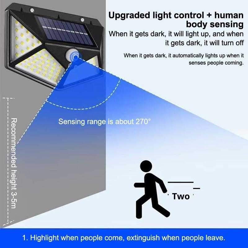 100 Led Solar Wall Lights Pir Motion Sensor Wall Light Outdoor Waterproof Ip65 Solar Powered For Fence Post Yard Pathway