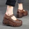 Johnature Zapatos de plataforma con punta redonda y suela gruesa para mujer, sandalias de cuña caladas cómodas Vintage de cuero genuino