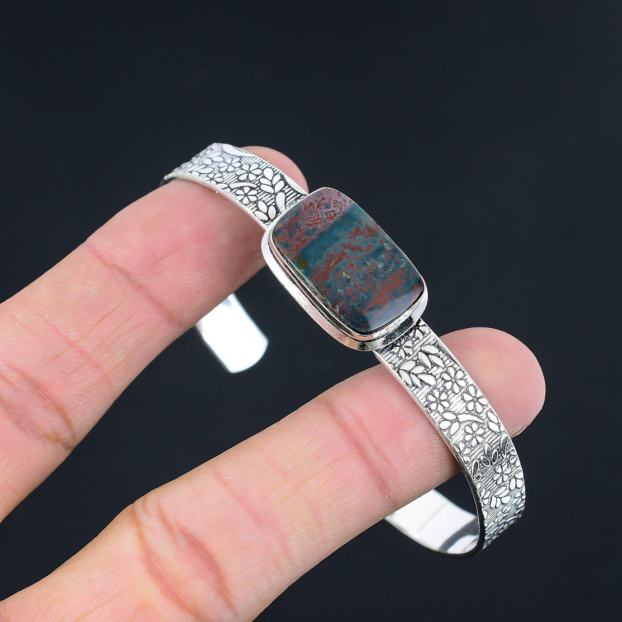 

Radiant Bloodstone Gemstone Daughter Engagement Handmade Bangle Sterling Silver Adjustable