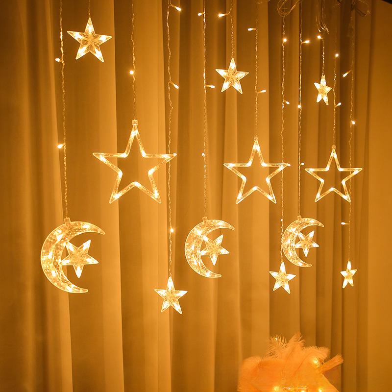 LED Moon & Star Curtain Lights, Waterproof Outdoor String Lights for Holiday and Room Décor