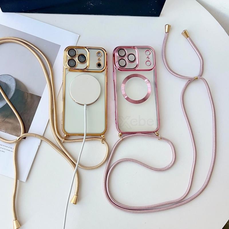 Plating Clear Magnetic For Magsafe Wireless Charging Cases For iPhone 17 16 15 14 12 13 Pro Max 12 11 Crossbody Lanyard Necklace Cover