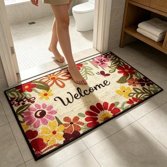 Summer Spring Doormat Floral Lemon Prints Welcome Mat Non-Slip Washable Floor Mat for Home Entrance Front Porch Indoor Outdoor Kitchen Bathroom