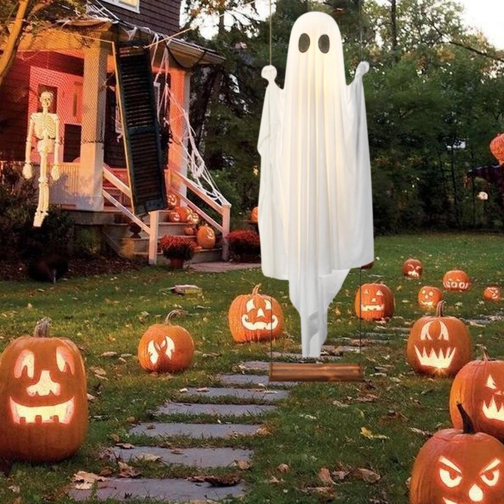 Halloween Outdoor Decoration - 5ft Large Hanging Swing Halloween Decoration With String Lights - Scary Cute Decoration For Front Porch Patio Tree