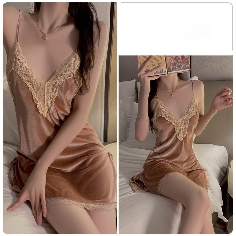 Women’s Sexy Lace Backless Velvet Bridal Nightgown Side-Slit Cami Sleep Dress