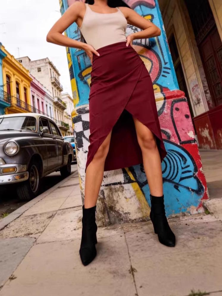 Nouvelle jupe rétro sexy ajustée à taille haute fendue pour femme Printemps-Été