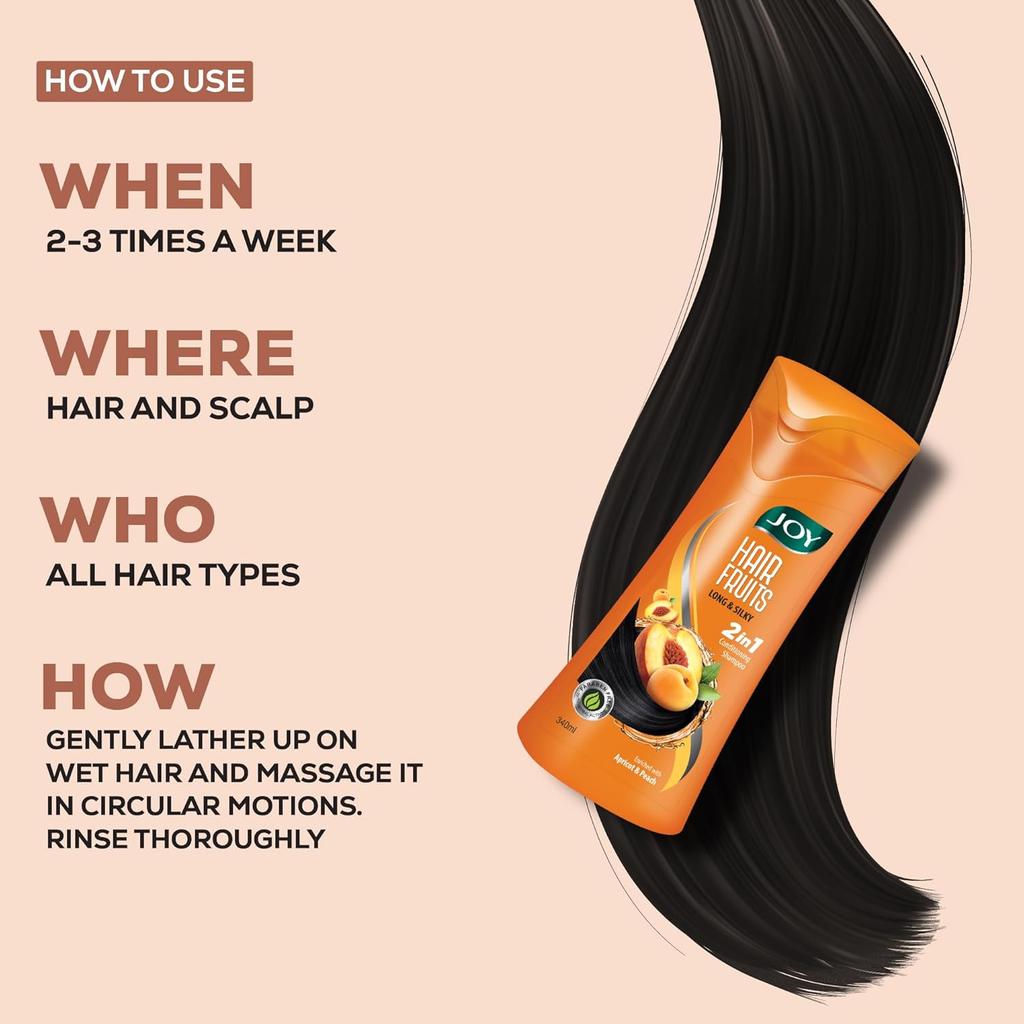JOY Hair Fruits Long & Silky Conditioning Apricot & Peach Shampoo 340 Ml Pack | Soft Shiny Hair, Moisturizing & Nourishing