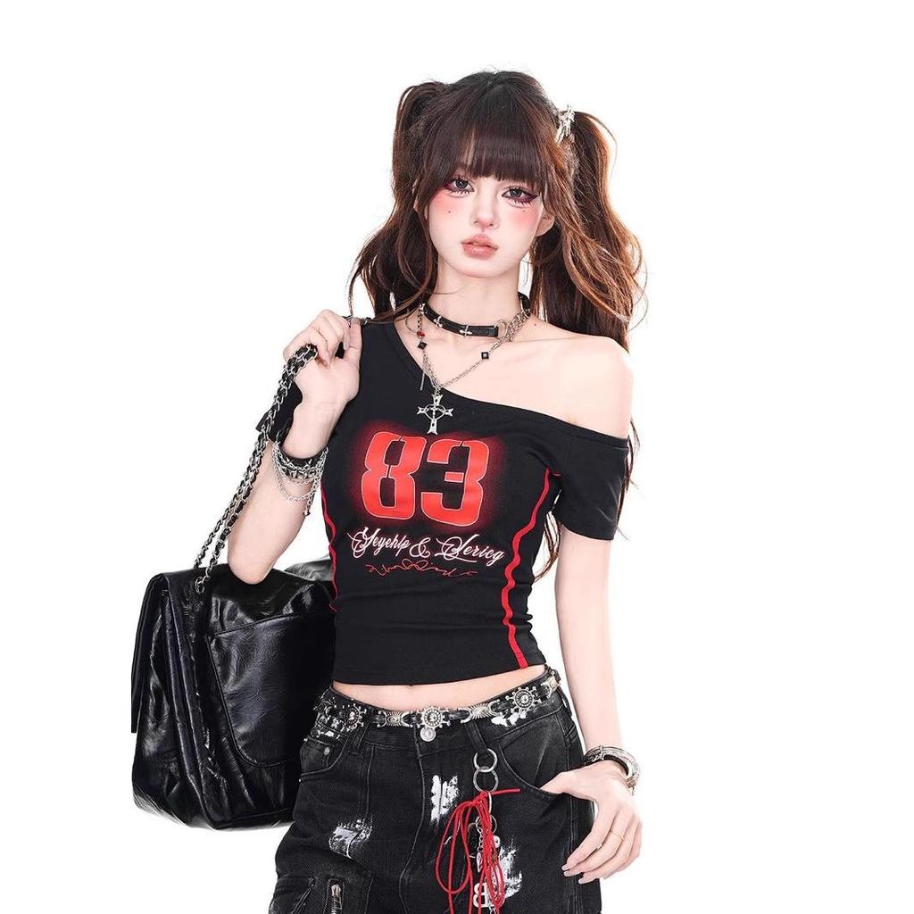 American Style Off-Shoulder Letter Print Slimming Women's Summer T-Shirt