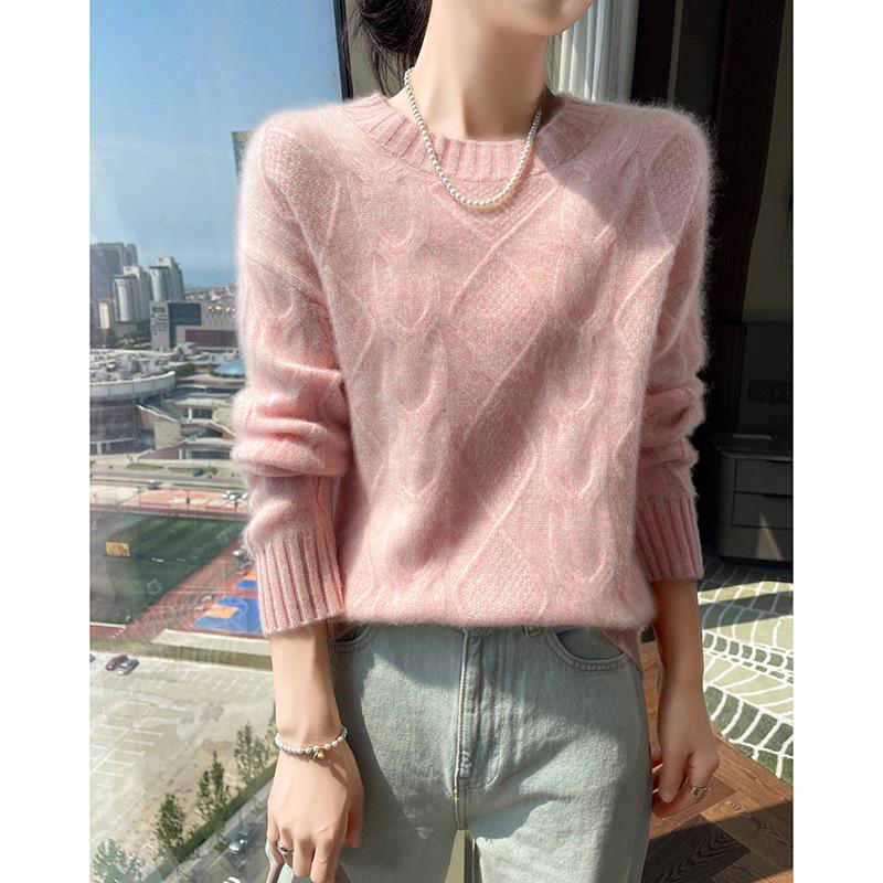 Women's Soft Cashmere Sweater, Round Neck, Diamond Jacquard, Thick Knit, Loose Fit, Base Layer
