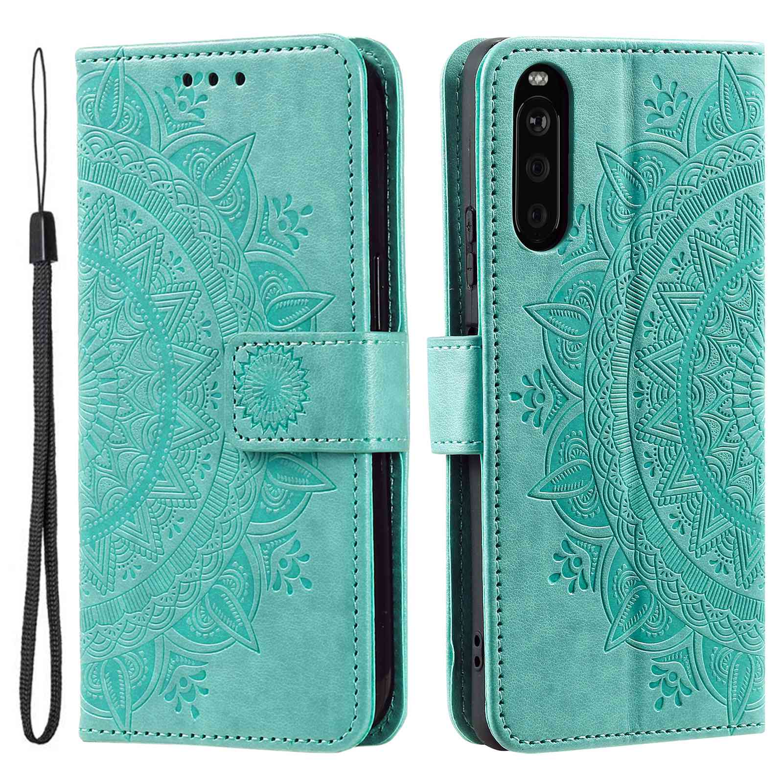 

For Sony Xperia 10 V PU Leather Wallet Phone Case Imprinted Mandala Flower Pattern Magnetic Folio Stand Cover Green