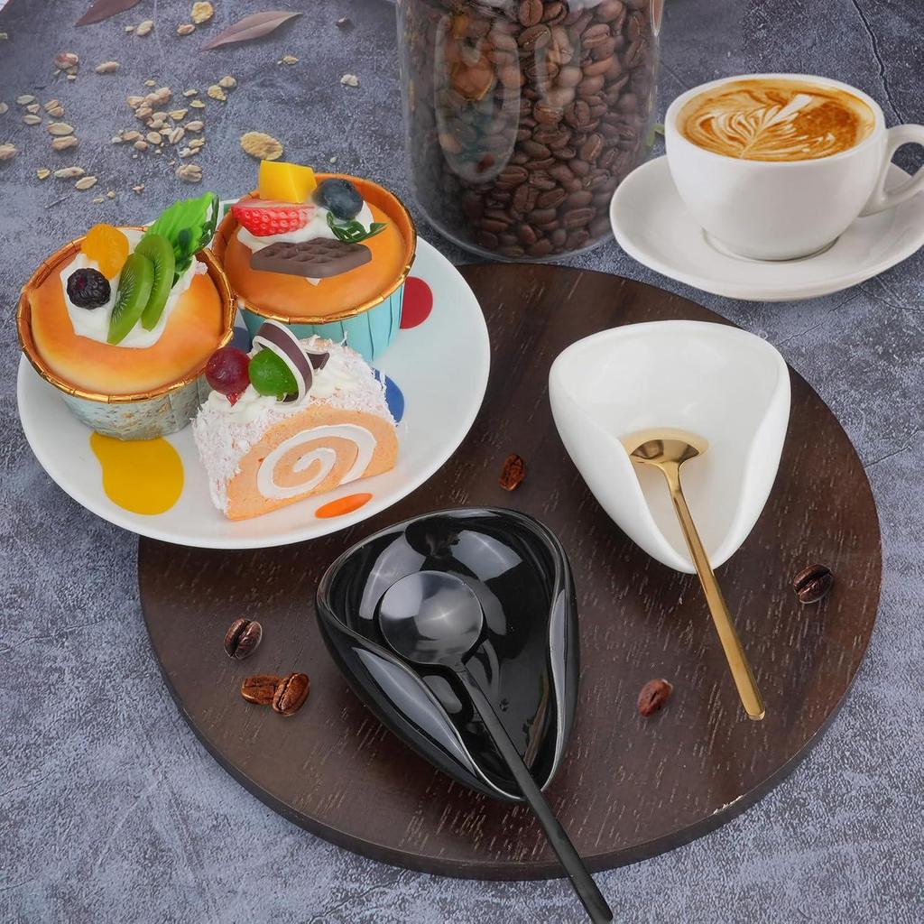 Ceramic Coffee Bean Tray & Stainless Steel Spoon Set: Collector, Display, Measuring & Weighing Use.