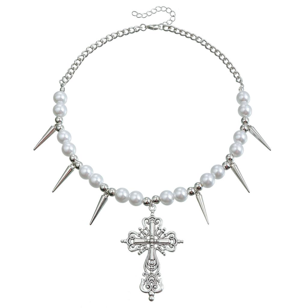 Jewelry Style Exaggerated Personality Awl Cross Collarbone Chain Pearl Short Double Necklace Women